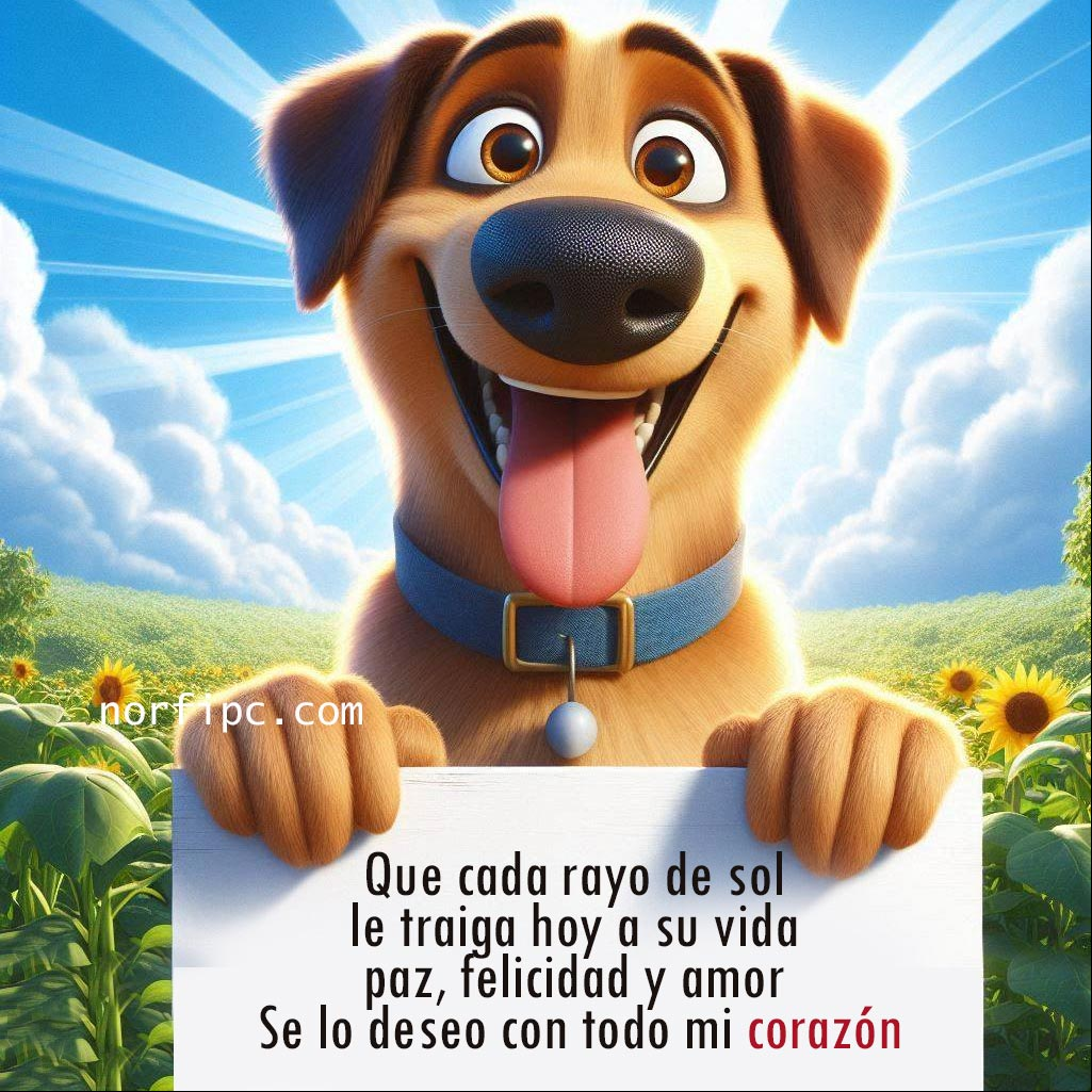 Que cada rayo de sol le traiga hoy a su vida paz, felicidad y amor. Se lo deseo con todo mi corazón Perro sonriente con un cartel